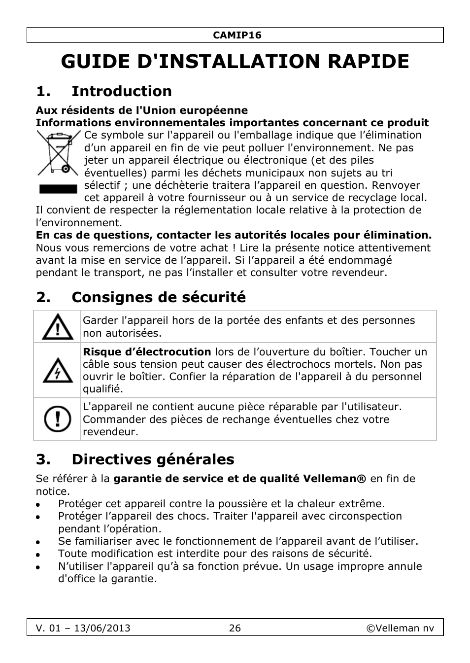 Guide d'installation rapide, Introduction, Consignes de sécurité | Directives générales | Velleman CAMIP16 User manual User Manual | Page 26 / 60