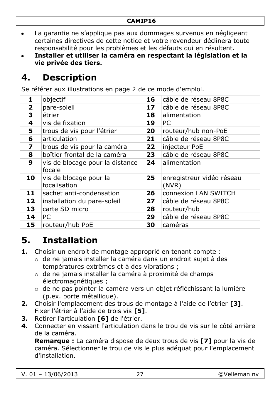 Description, Installation | Velleman CAMIP16 User manual User Manual | Page 27 / 60