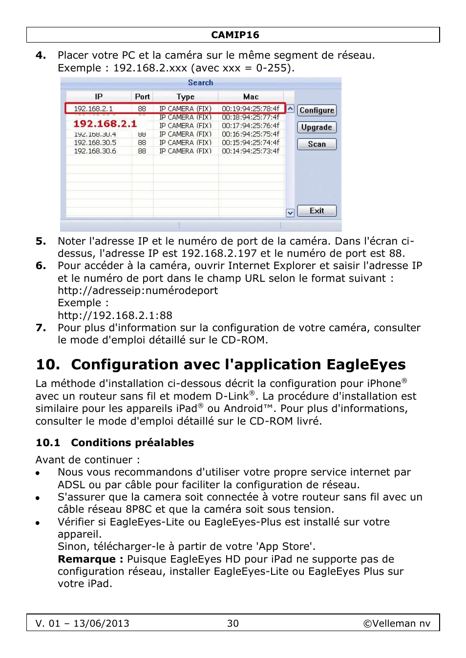 Configuration avec l'application eagleeyes, 1 conditions préalables | Velleman CAMIP16 User manual User Manual | Page 30 / 60