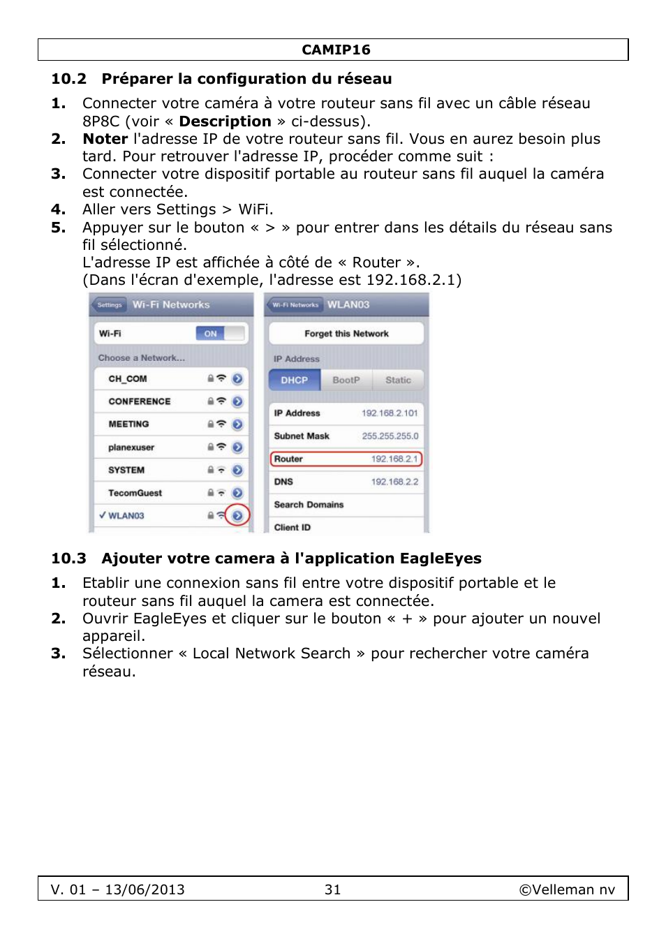 2 préparer la configuration du réseau, 3 ajouter votre camera à l'application eagleeyes | Velleman CAMIP16 User manual User Manual | Page 31 / 60