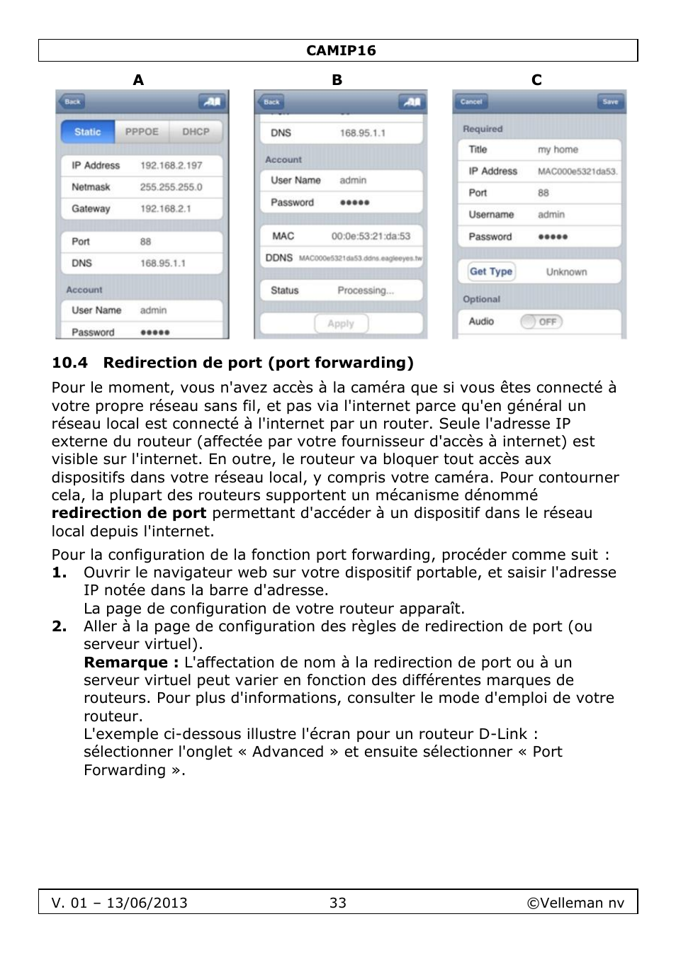 4 redirection de port (port forwarding) | Velleman CAMIP16 User manual User Manual | Page 33 / 60