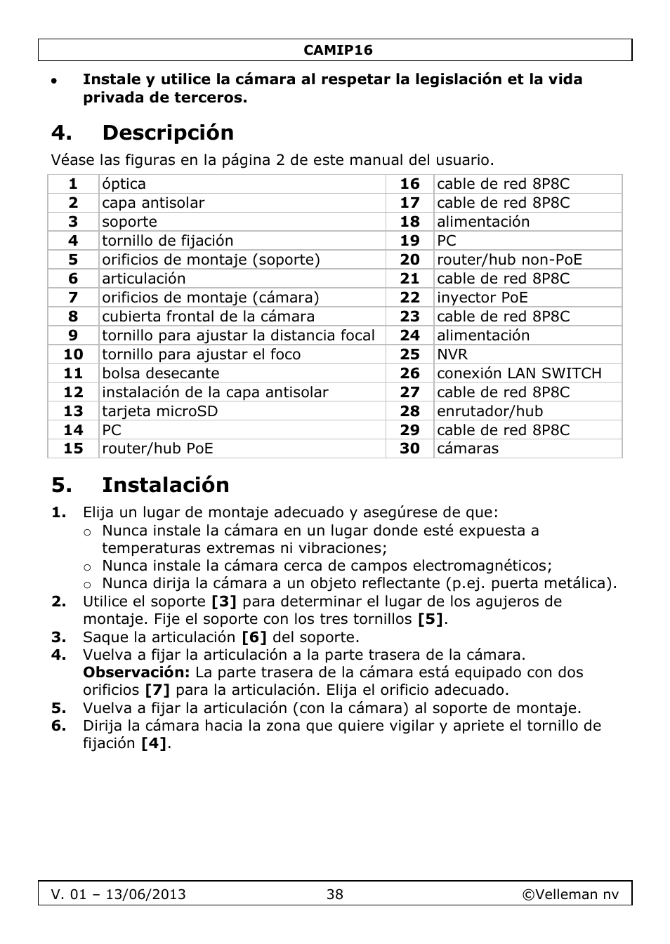 Descripción, Instalación | Velleman CAMIP16 User manual User Manual | Page 38 / 60