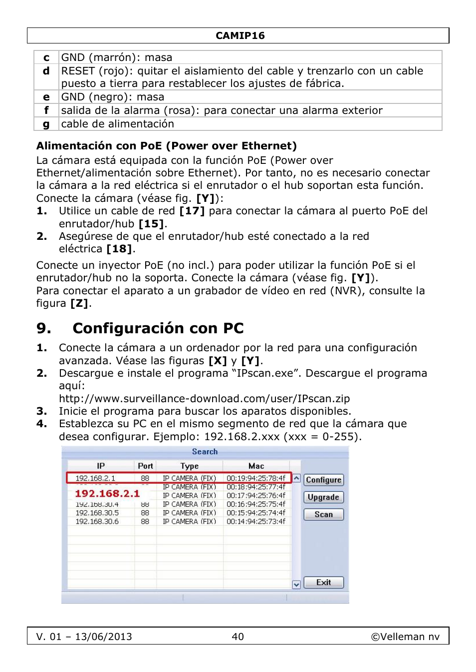 Alimentación con poe (power over ethernet), Configuración con pc | Velleman CAMIP16 User manual User Manual | Page 40 / 60