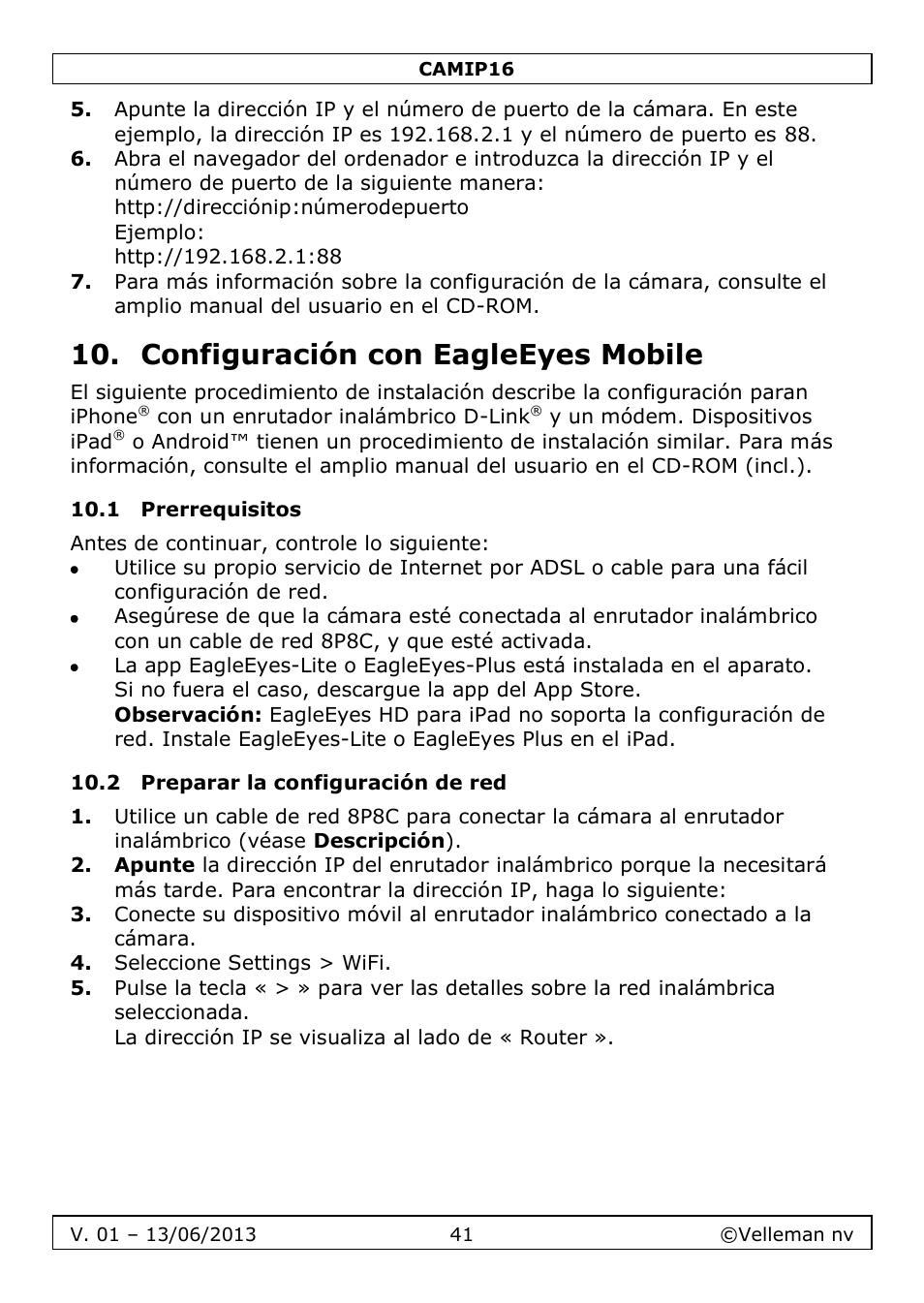 Configuración con eagleeyes mobile, 1 prerrequisitos, 2 preparar la configuración de red | Velleman CAMIP16 User manual User Manual | Page 41 / 60