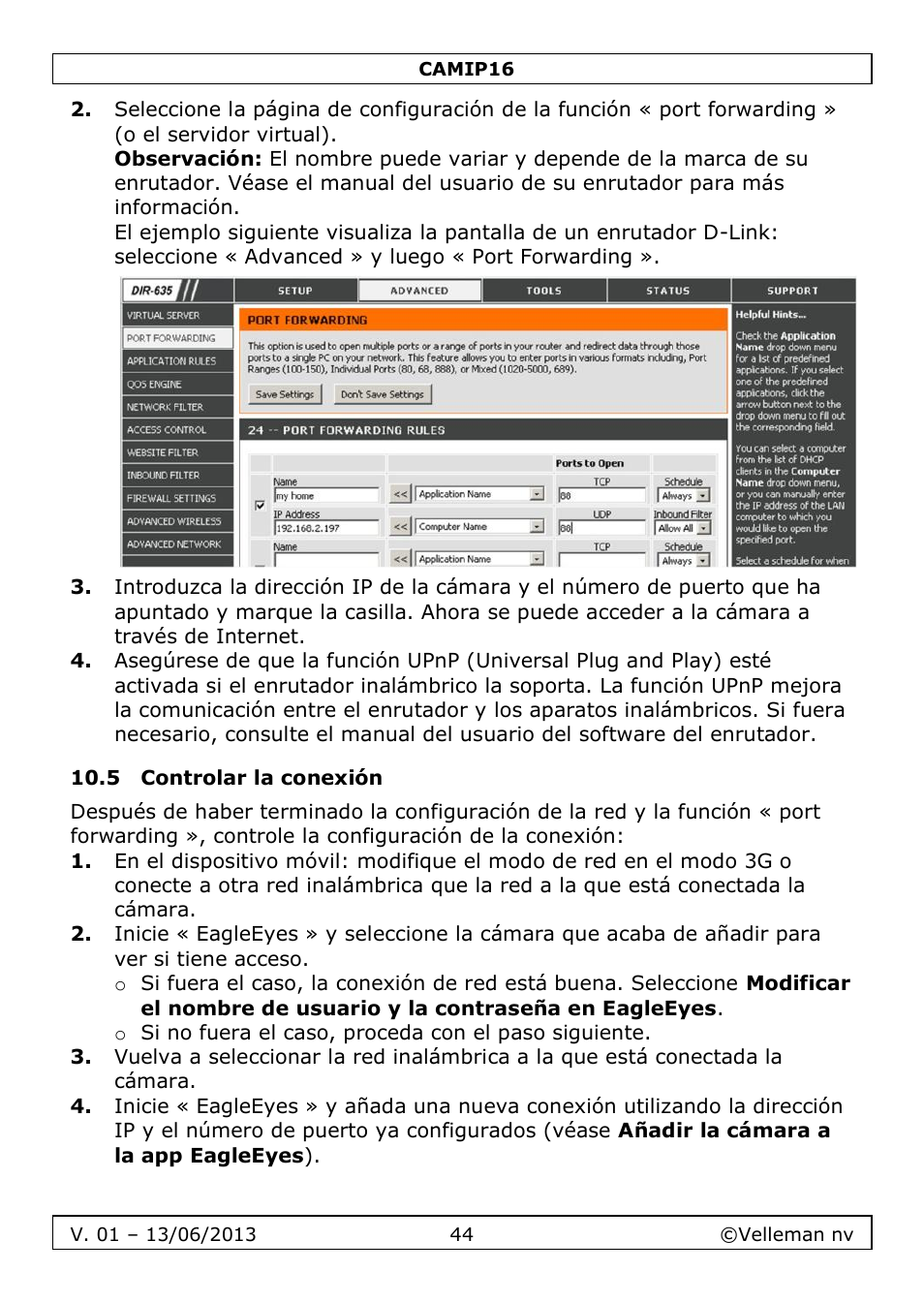 5 controlar la conexión | Velleman CAMIP16 User manual User Manual | Page 44 / 60