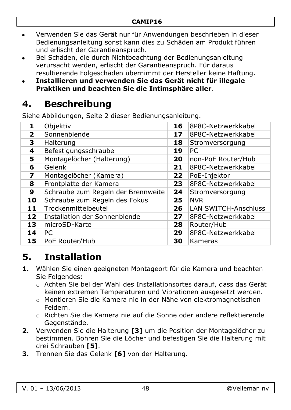 Beschreibung, Installation | Velleman CAMIP16 User manual User Manual | Page 48 / 60