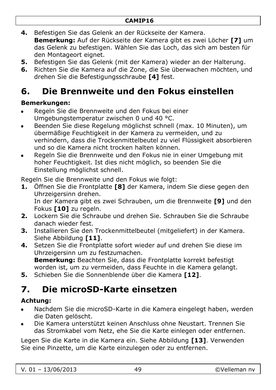 Die brennweite und den fokus einstellen, Bemerkungen, Die microsd-karte einsetzen | Achtung | Velleman CAMIP16 User manual User Manual | Page 49 / 60