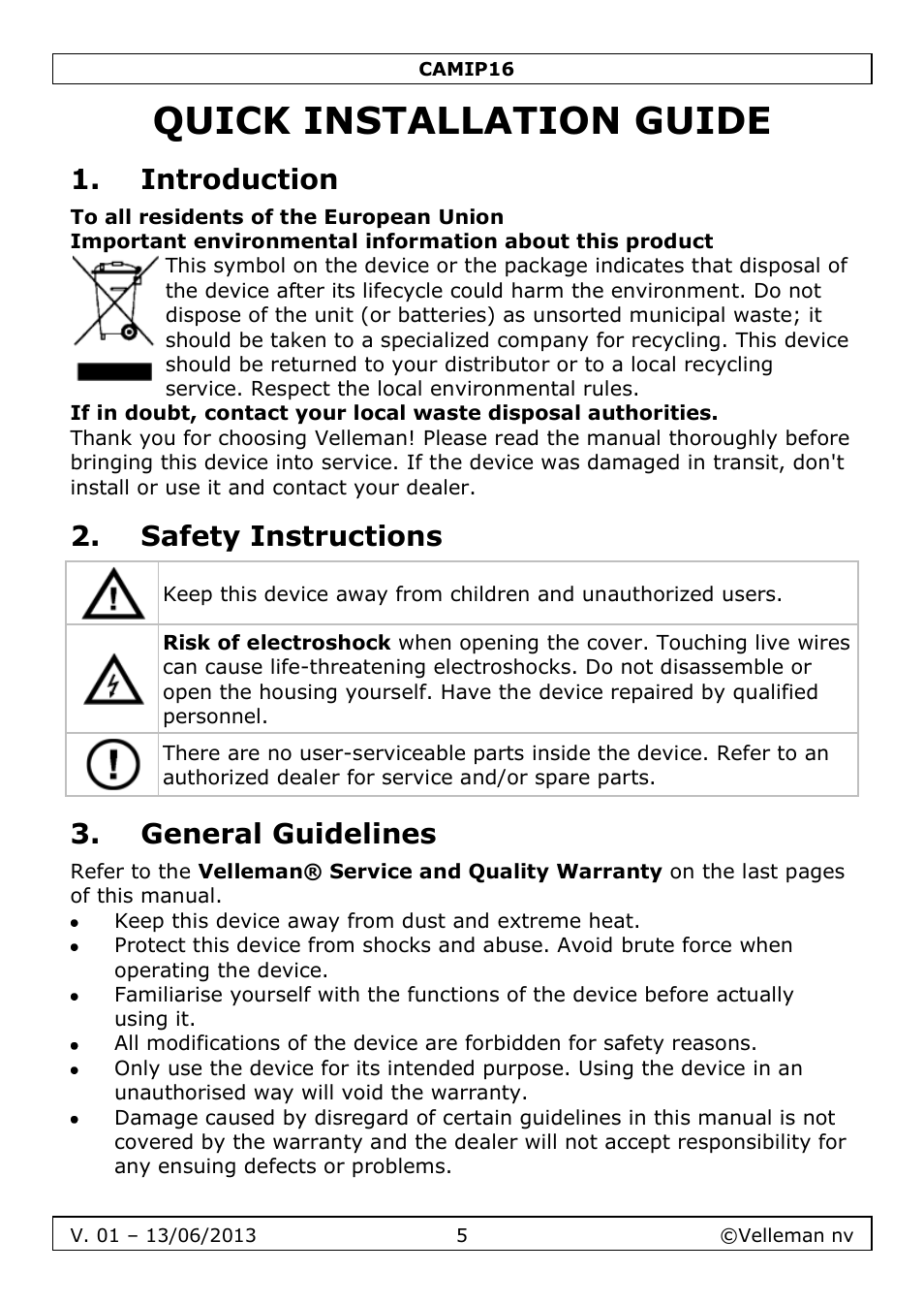 Quick installation guide, Introduction, Safety instructions | General guidelines | Velleman CAMIP16 User manual User Manual | Page 5 / 60