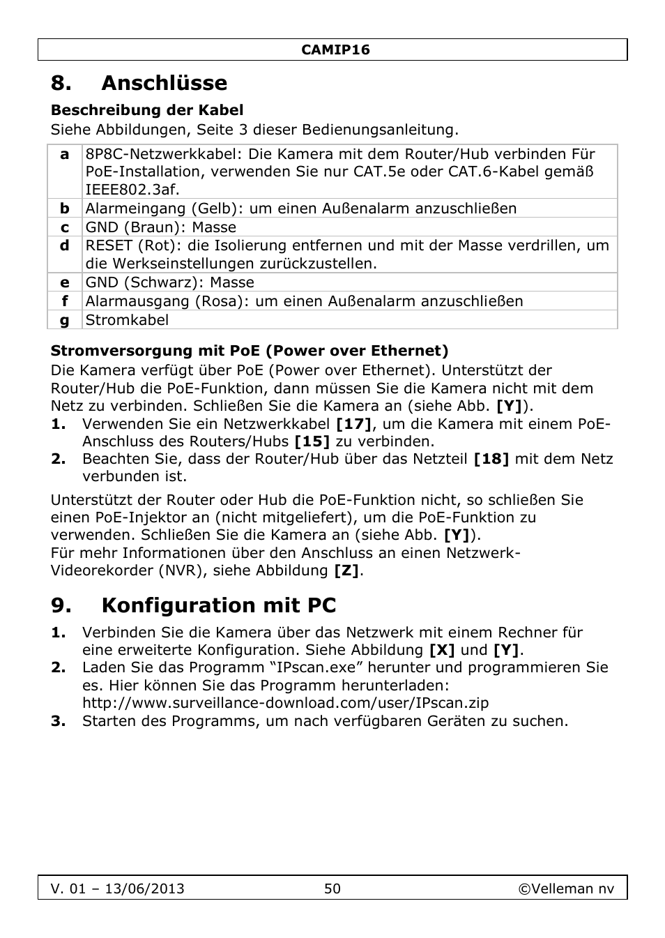 Anschlüsse, Beschreibung der kabel, Stromversorgung mit poe (power over ethernet) | Konfiguration mit pc | Velleman CAMIP16 User manual User Manual | Page 50 / 60