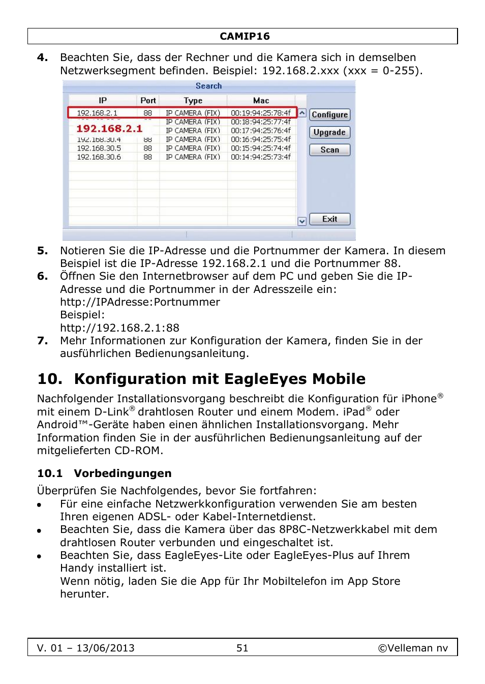 Konfiguration mit eagleeyes mobile, 1 vorbedingungen | Velleman CAMIP16 User manual User Manual | Page 51 / 60