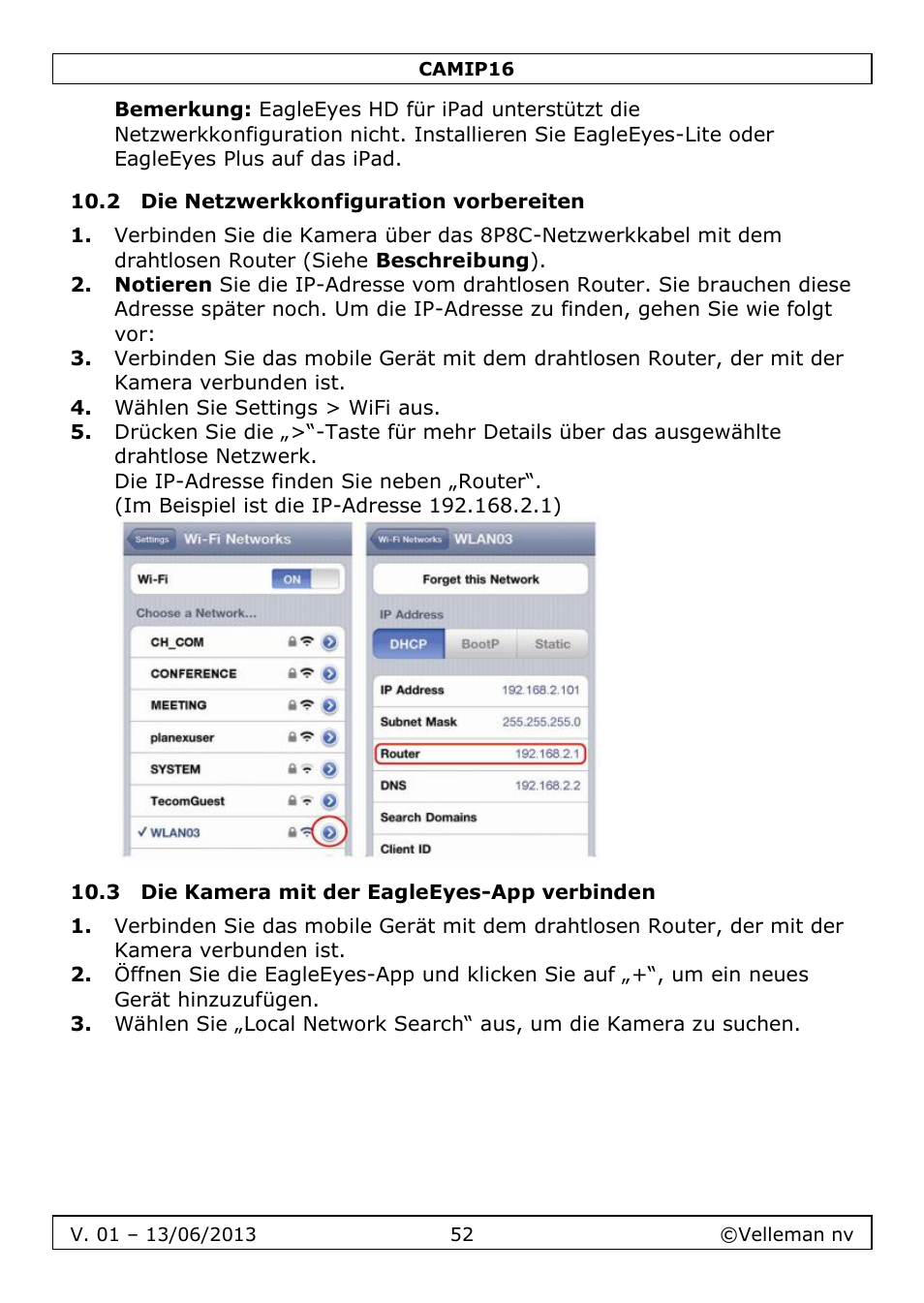 2 die netzwerkkonfiguration vorbereiten, 3 die kamera mit der eagleeyes-app verbinden | Velleman CAMIP16 User manual User Manual | Page 52 / 60