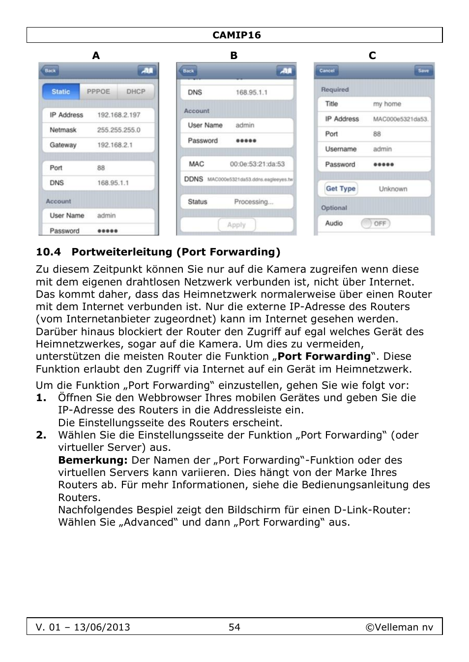 4 portweiterleitung (port forwarding) | Velleman CAMIP16 User manual User Manual | Page 54 / 60