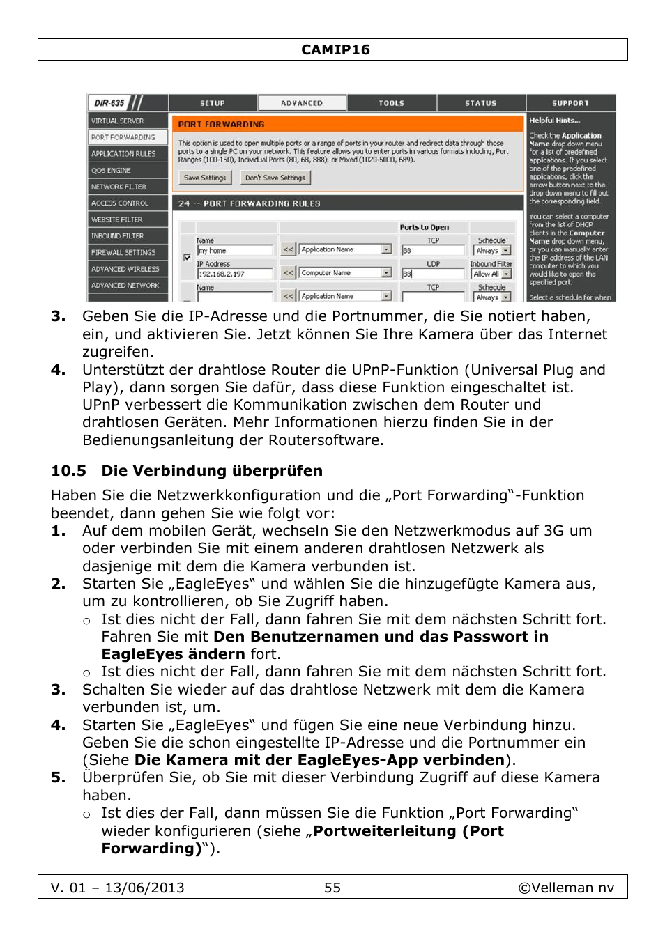 5 die verbindung überprüfen | Velleman CAMIP16 User manual User Manual | Page 55 / 60