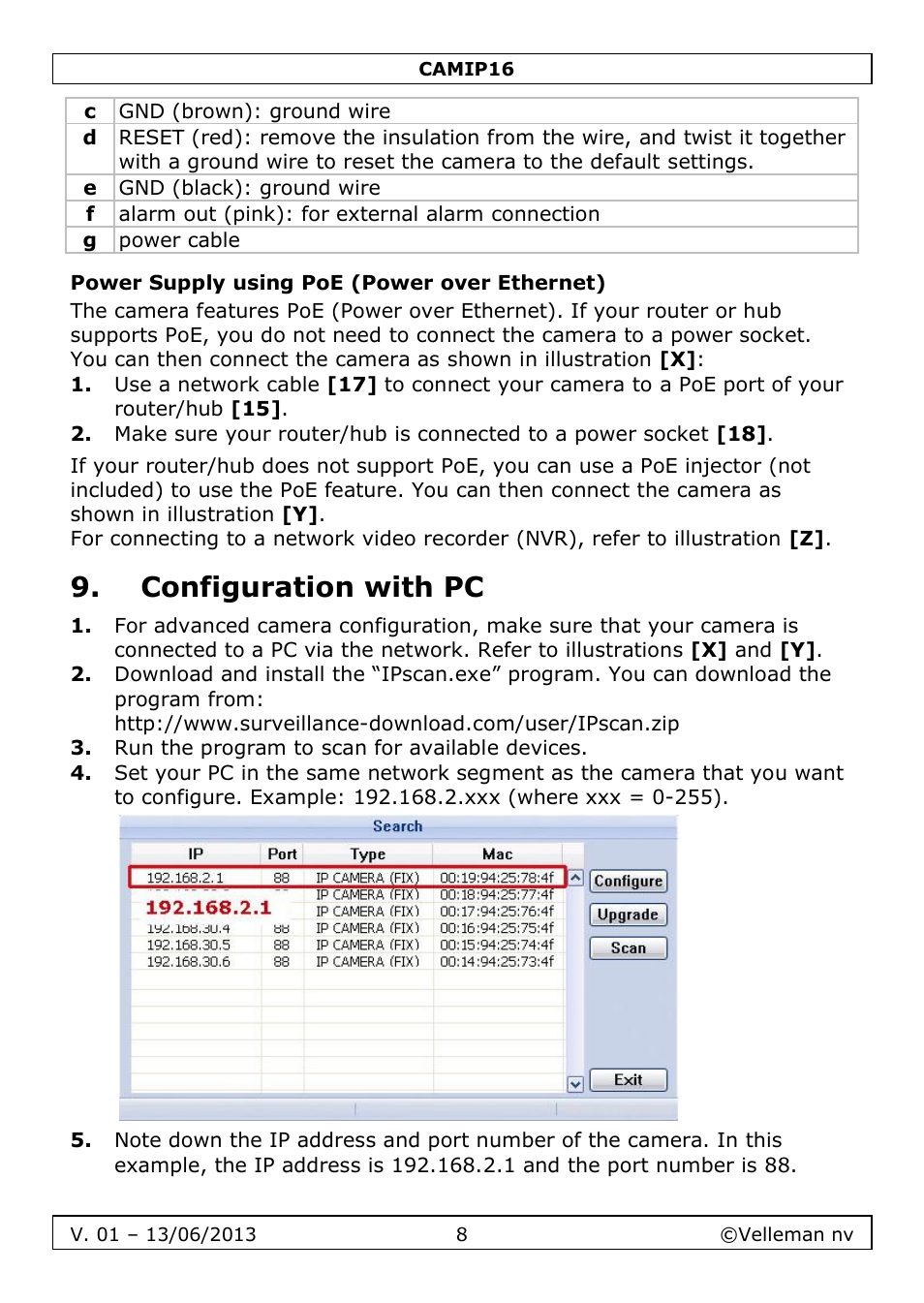 Power supply using poe (power over ethernet), Configuration with pc | Velleman CAMIP16 User manual User Manual | Page 8 / 60