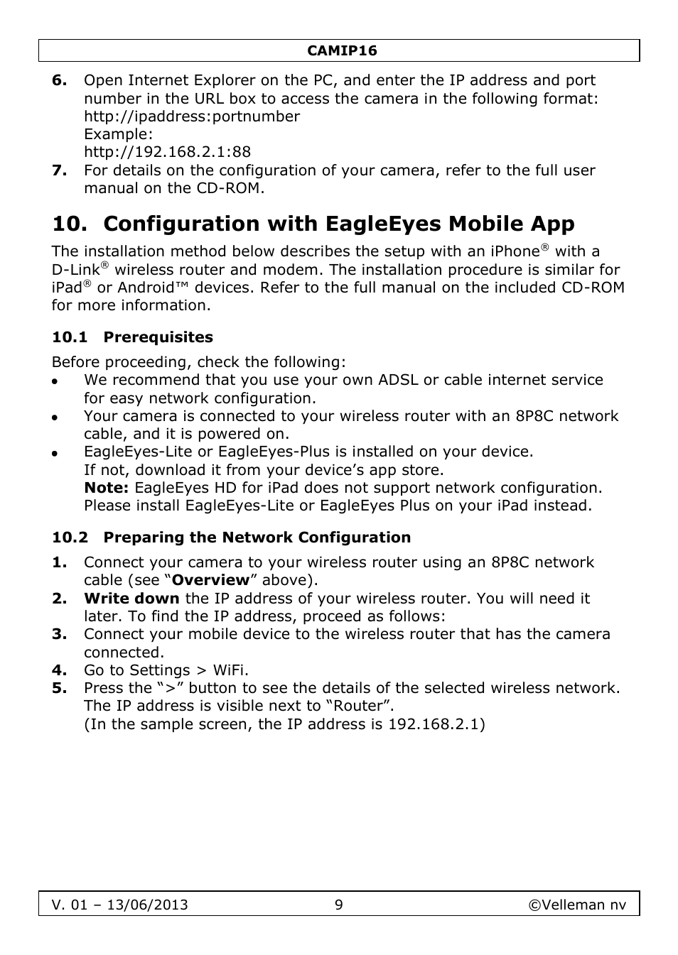 Configuration with eagleeyes mobile app, 1 prerequisites, 2 preparing the network configuration | Velleman CAMIP16 User manual User Manual | Page 9 / 60