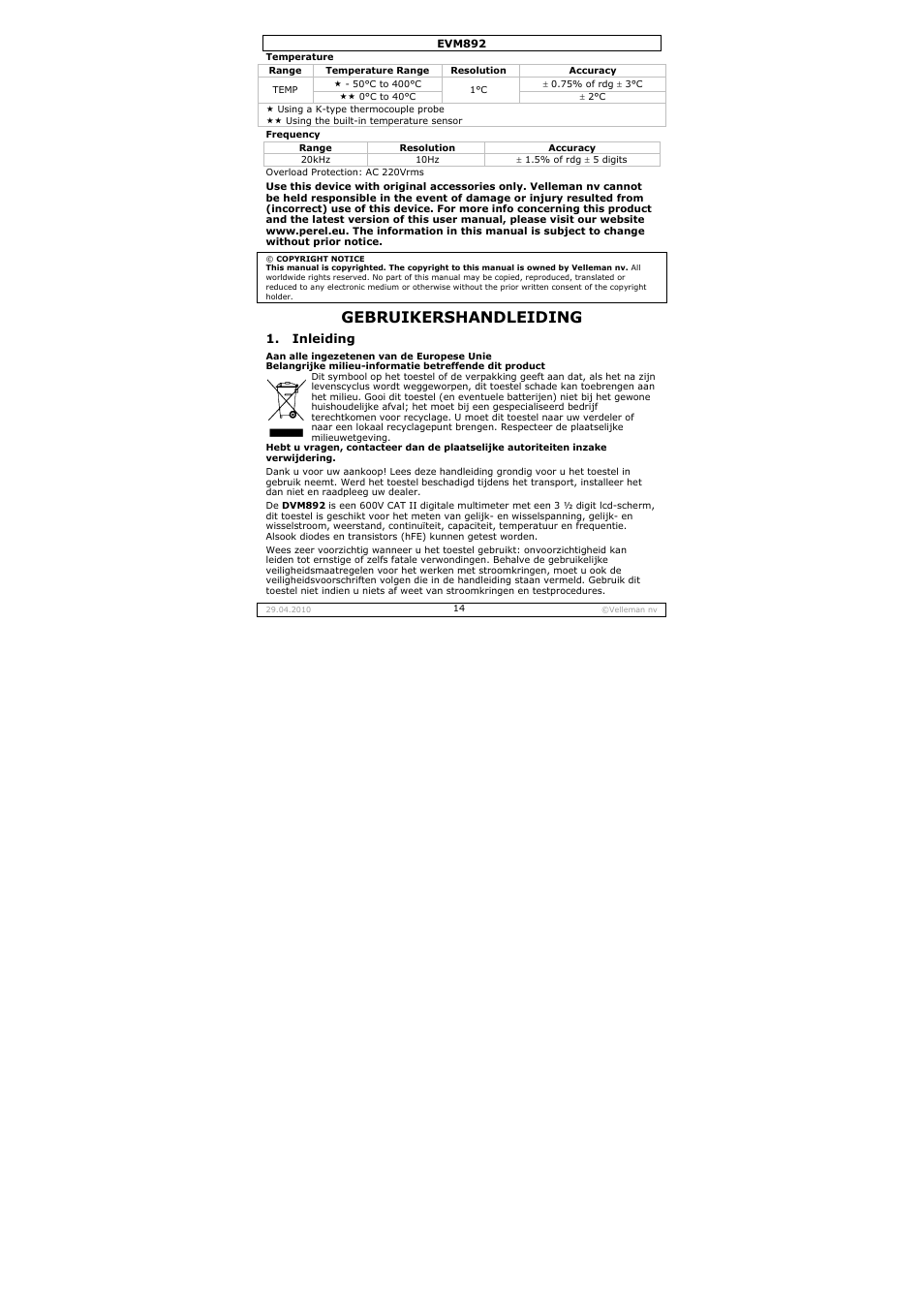 Gebruikershandleiding | Velleman EVM892 User Manual | Page 14 / 80
