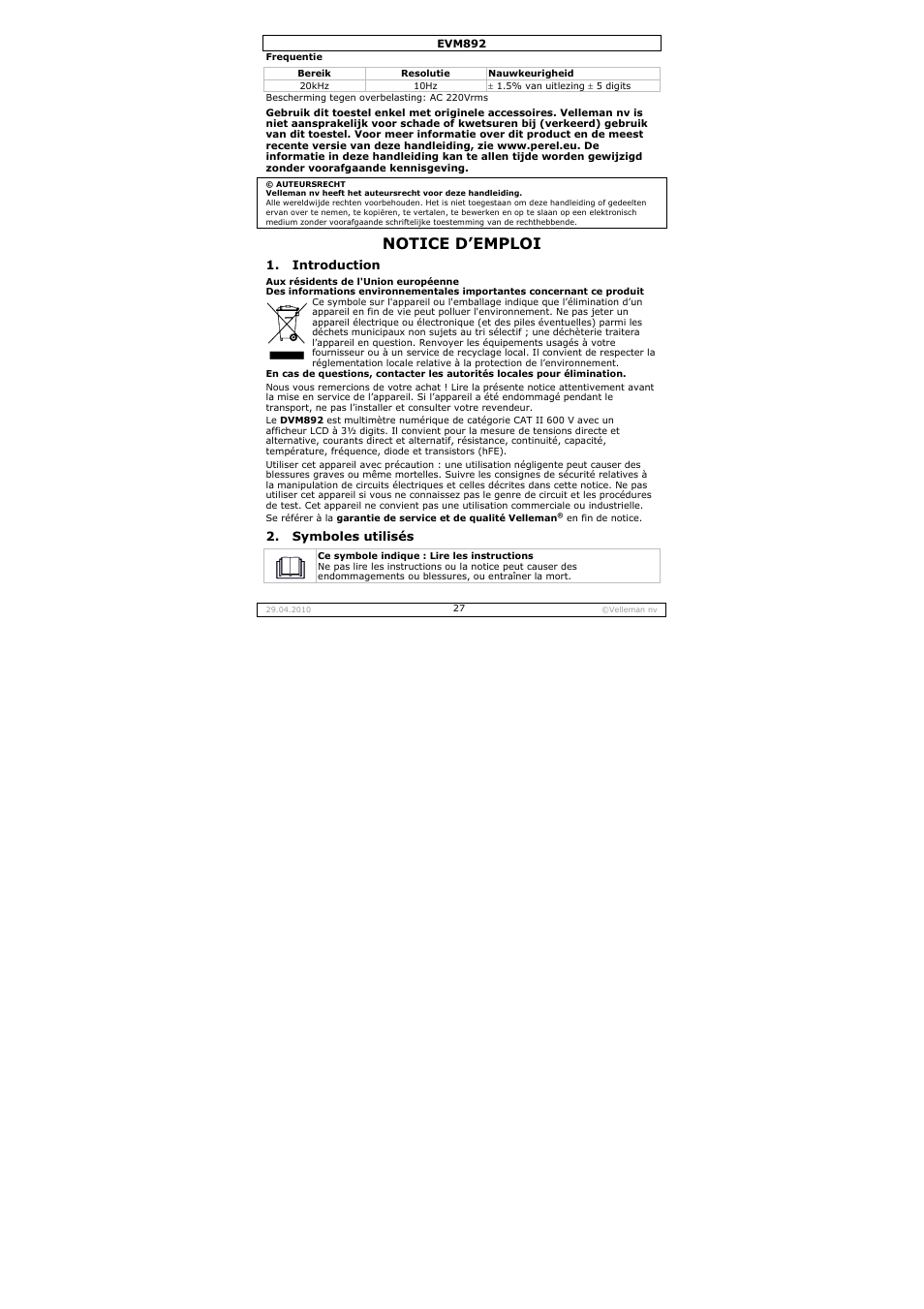 Notice d’emploi | Velleman EVM892 User Manual | Page 27 / 80