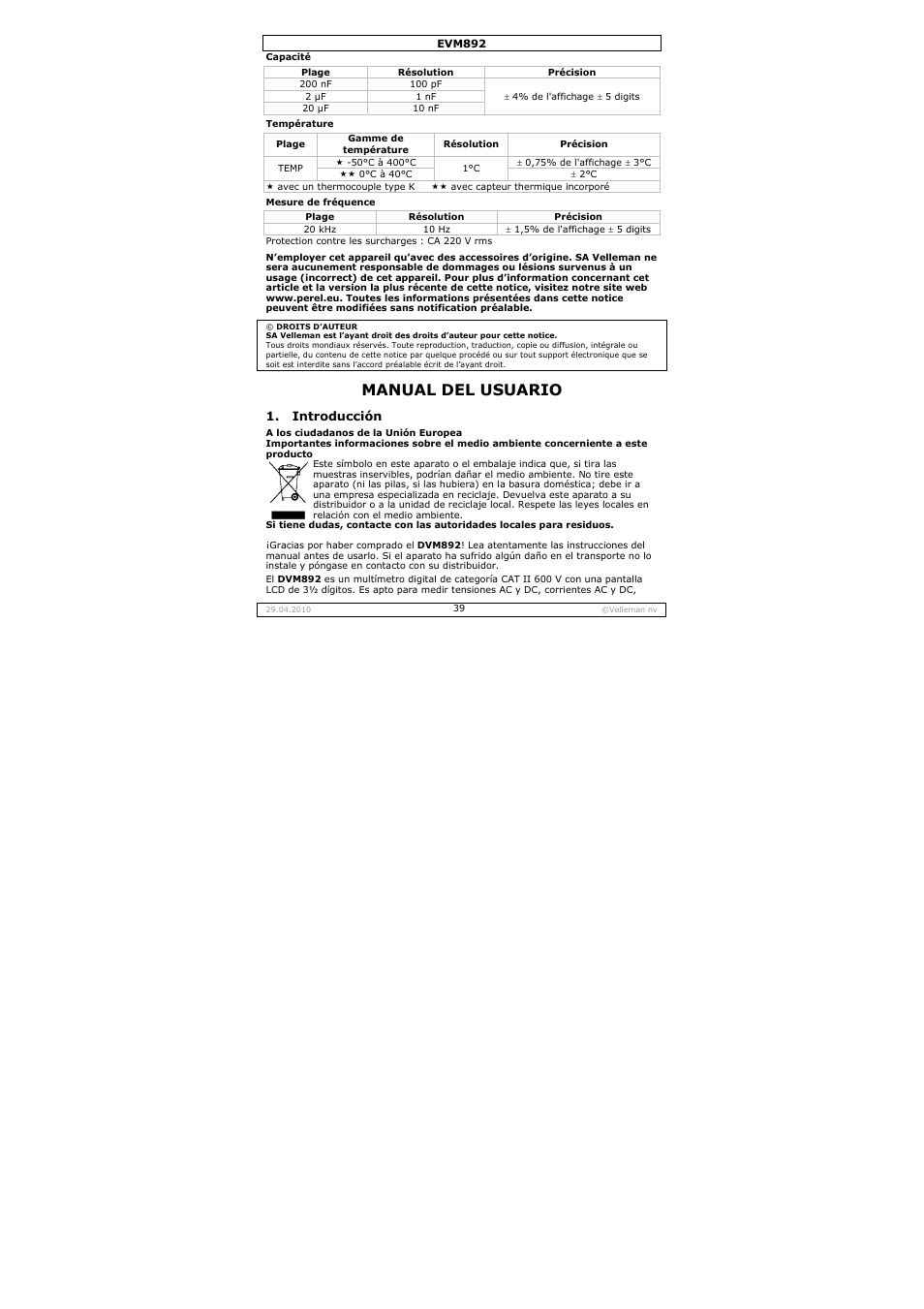Manual del usuario | Velleman EVM892 User Manual | Page 39 / 80