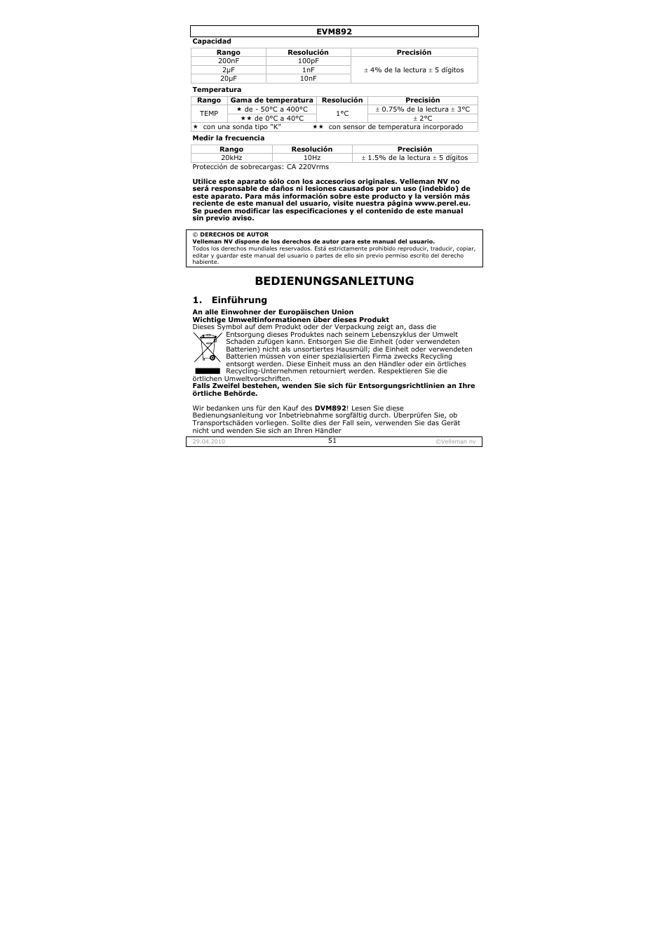 Bedienungsanleitung | Velleman EVM892 User Manual | Page 51 / 80