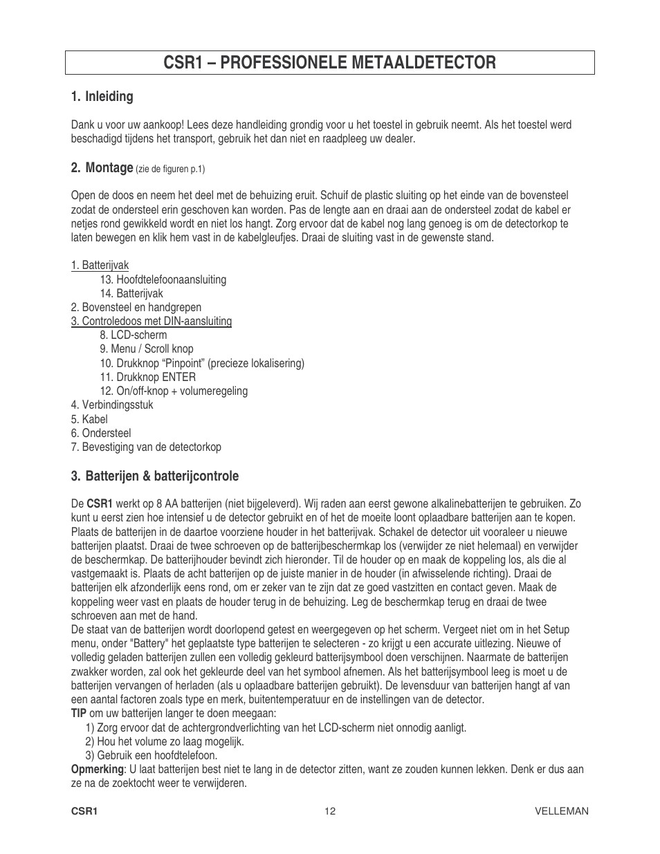 Csr1 – professionele metaaldetector | Velleman CSR1 User Manual | Page 12 / 56