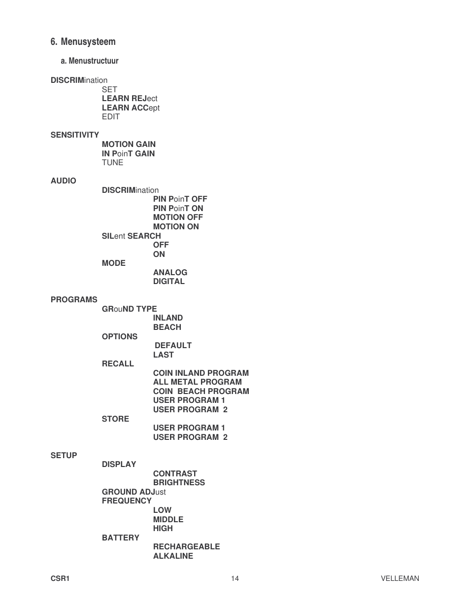 Menusysteem | Velleman CSR1 User Manual | Page 14 / 56