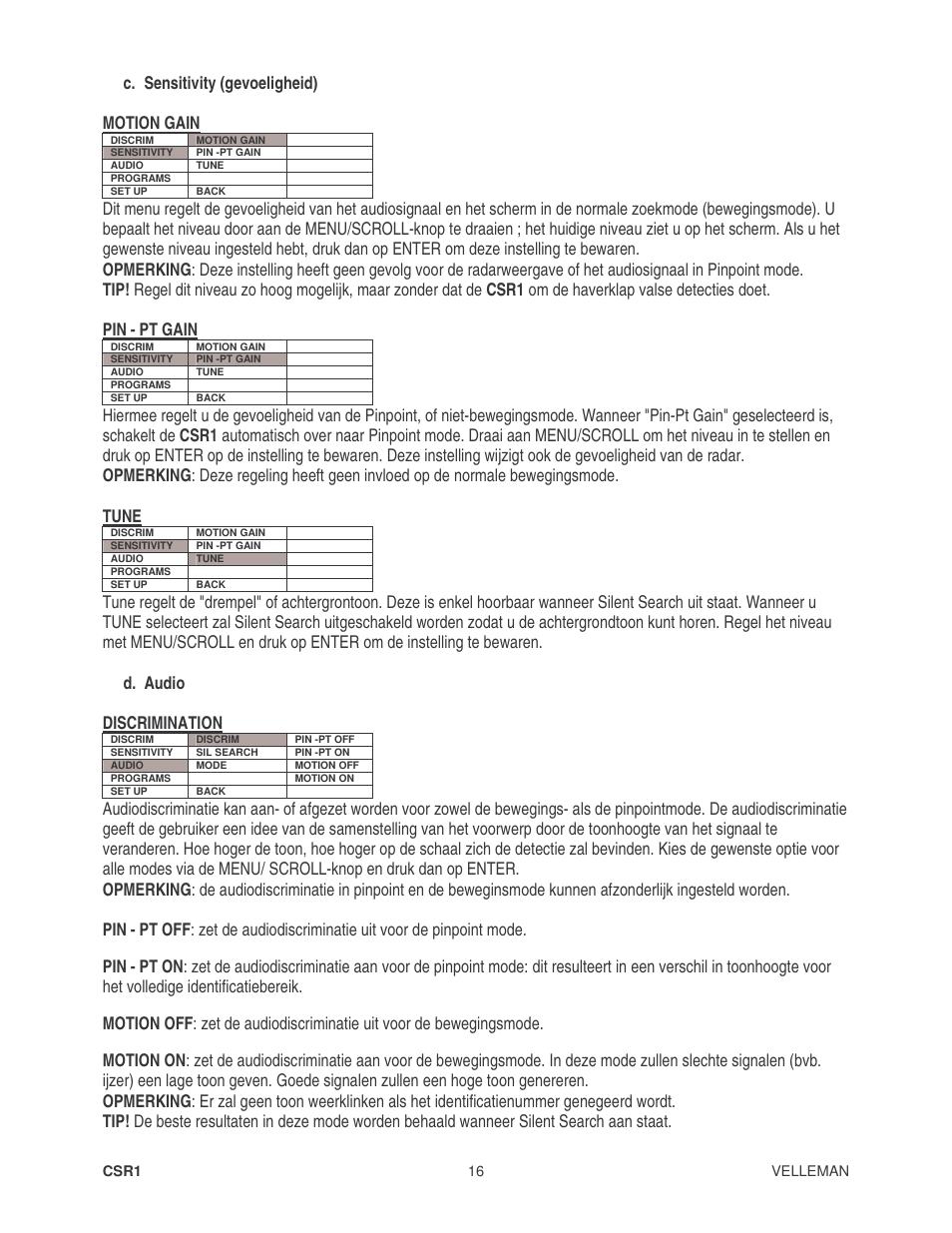 C. sensitivity (gevoeligheid) motion gain | Velleman CSR1 User Manual | Page 16 / 56