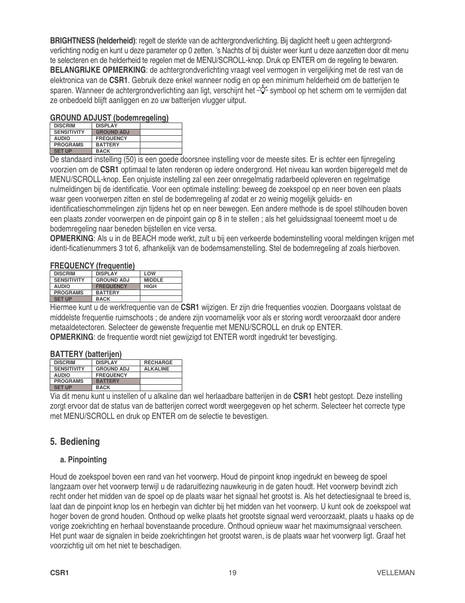 Bediening, Ground adjust (bodemregeling), Frequency (frequentie) | Battery (batterijen), A. pinpointing | Velleman CSR1 User Manual | Page 19 / 56