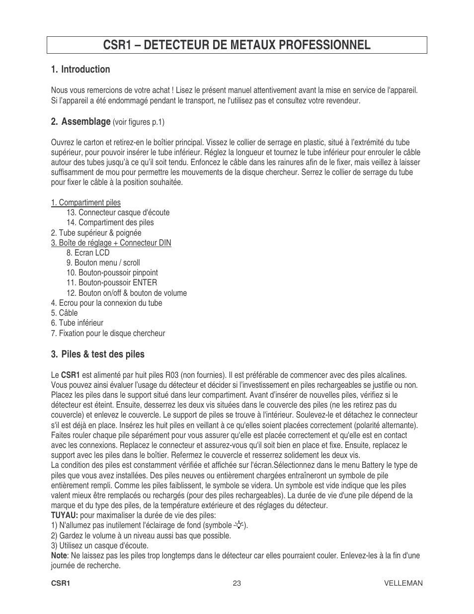 Csr1 – detecteur de metaux professionnel | Velleman CSR1 User Manual | Page 23 / 56