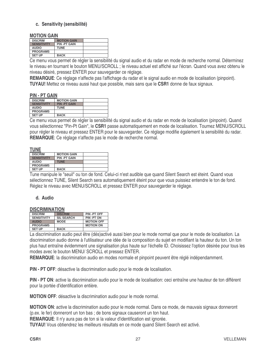 C. sensitivity (sensibilité) motion gain | Velleman CSR1 User Manual | Page 27 / 56