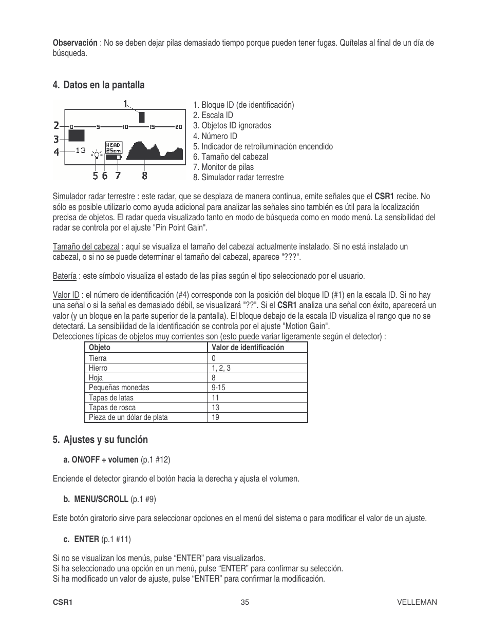 Datos en la pantalla, Ajustes y su función | Velleman CSR1 User Manual | Page 35 / 56