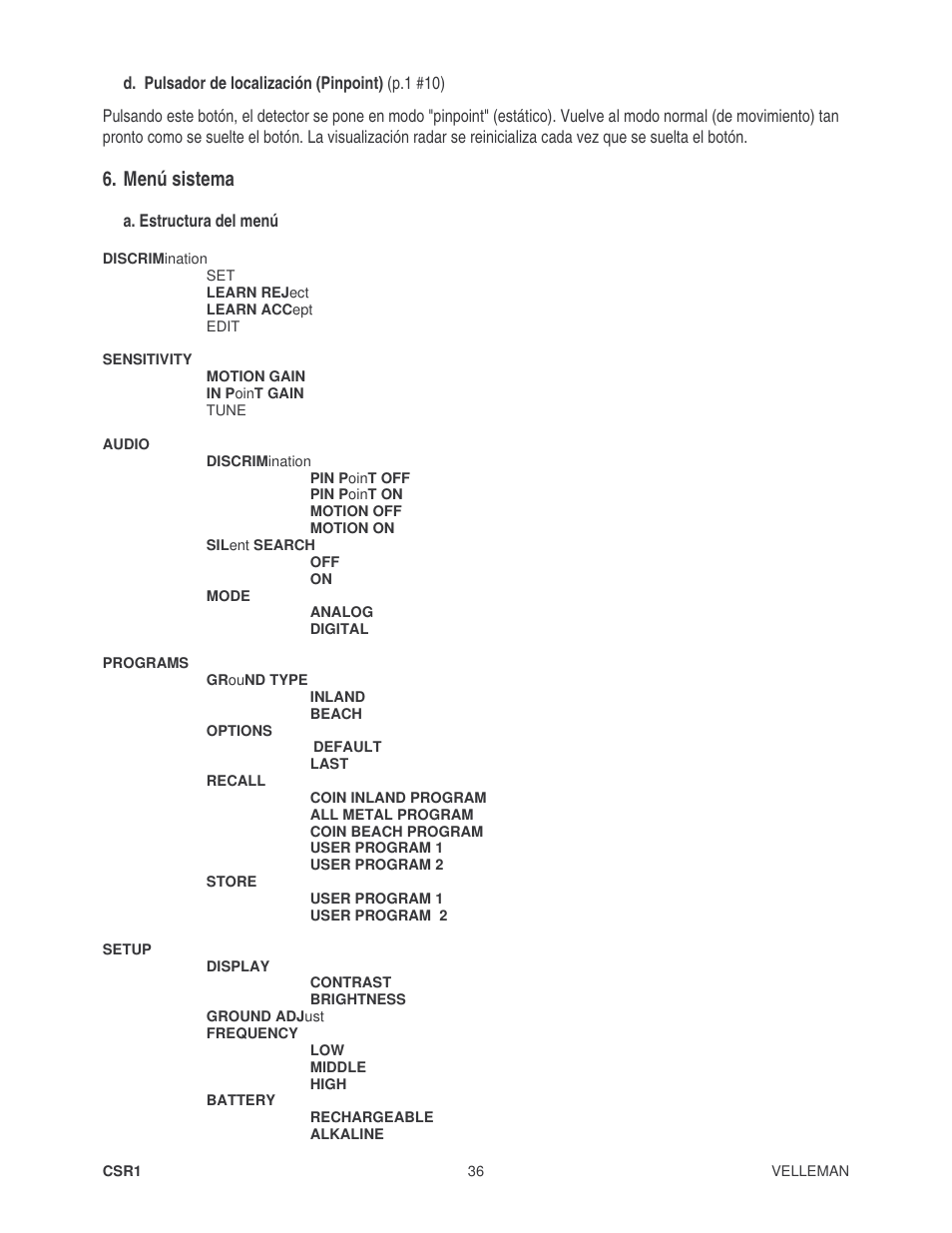 Menú sistema | Velleman CSR1 User Manual | Page 36 / 56