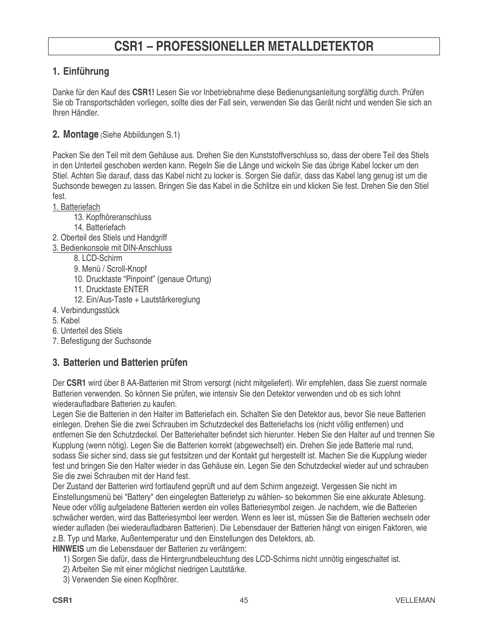 Csr1 – professioneller metalldetektor | Velleman CSR1 User Manual | Page 45 / 56