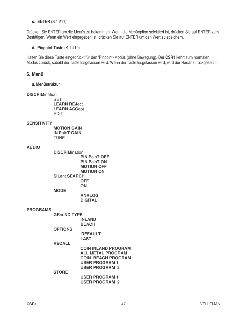 Menü | Velleman CSR1 User Manual | Page 47 / 56