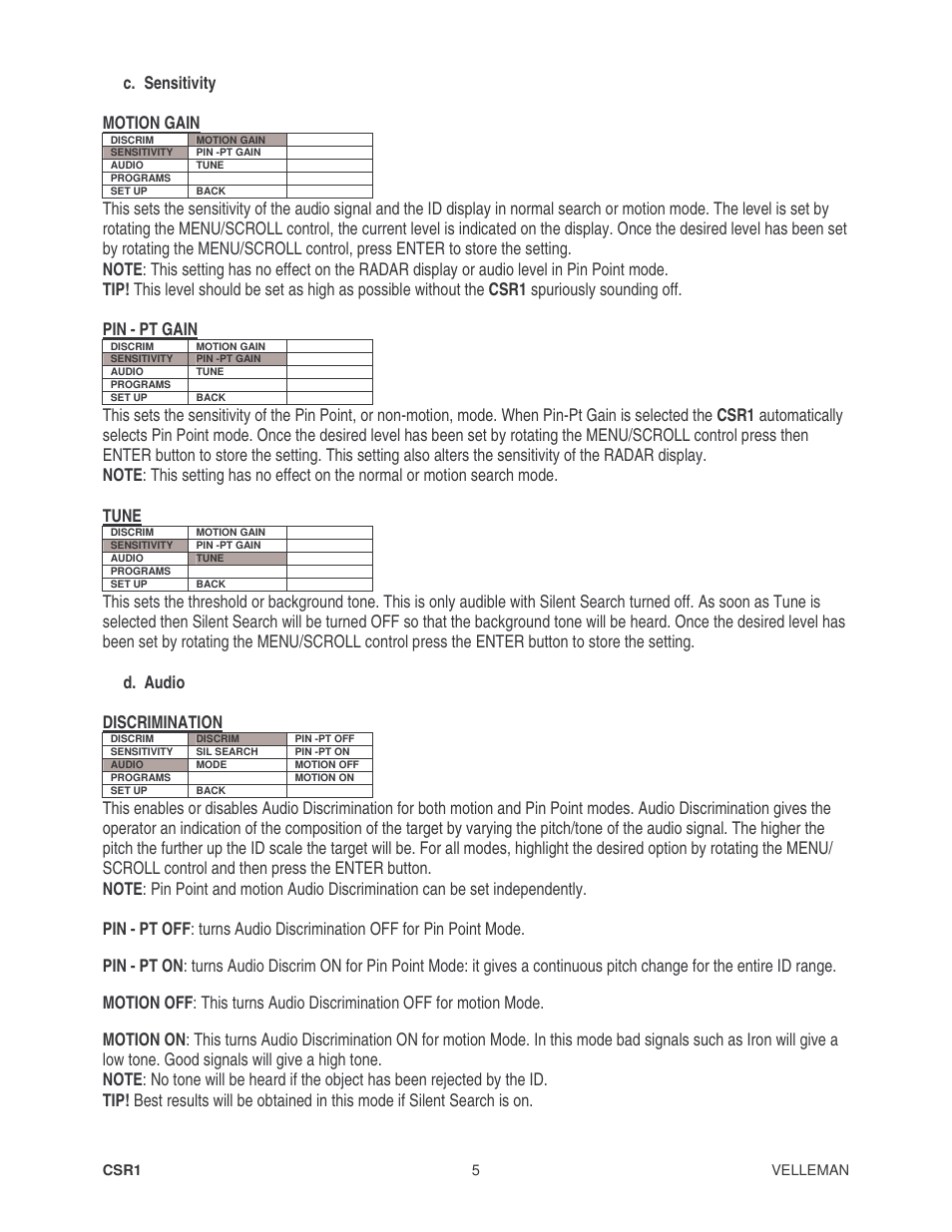 C. sensitivity motion gain | Velleman CSR1 User Manual | Page 5 / 56