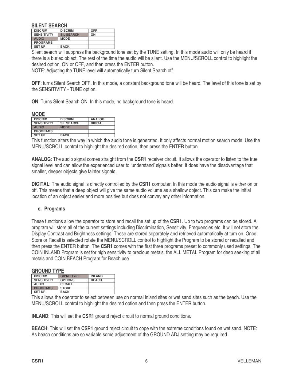 Silent search | Velleman CSR1 User Manual | Page 6 / 56