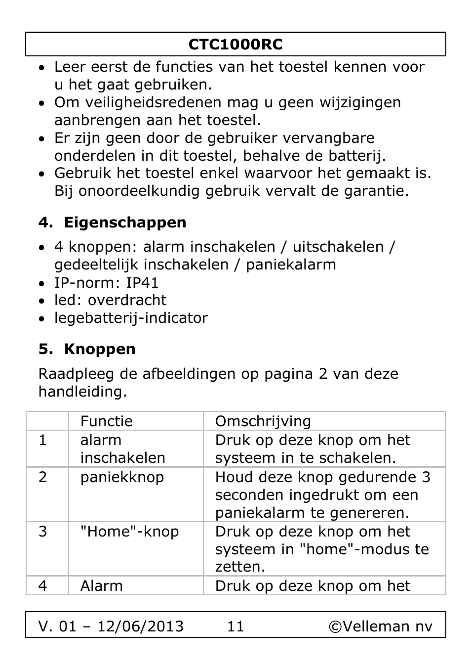 Eigenschappen, Knoppen | Velleman CTC1000RC User Manual | Page 11 / 51