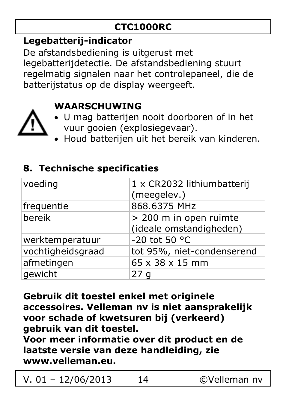 Legebatterij-indicator, Technische specificaties | Velleman CTC1000RC User Manual | Page 14 / 51
