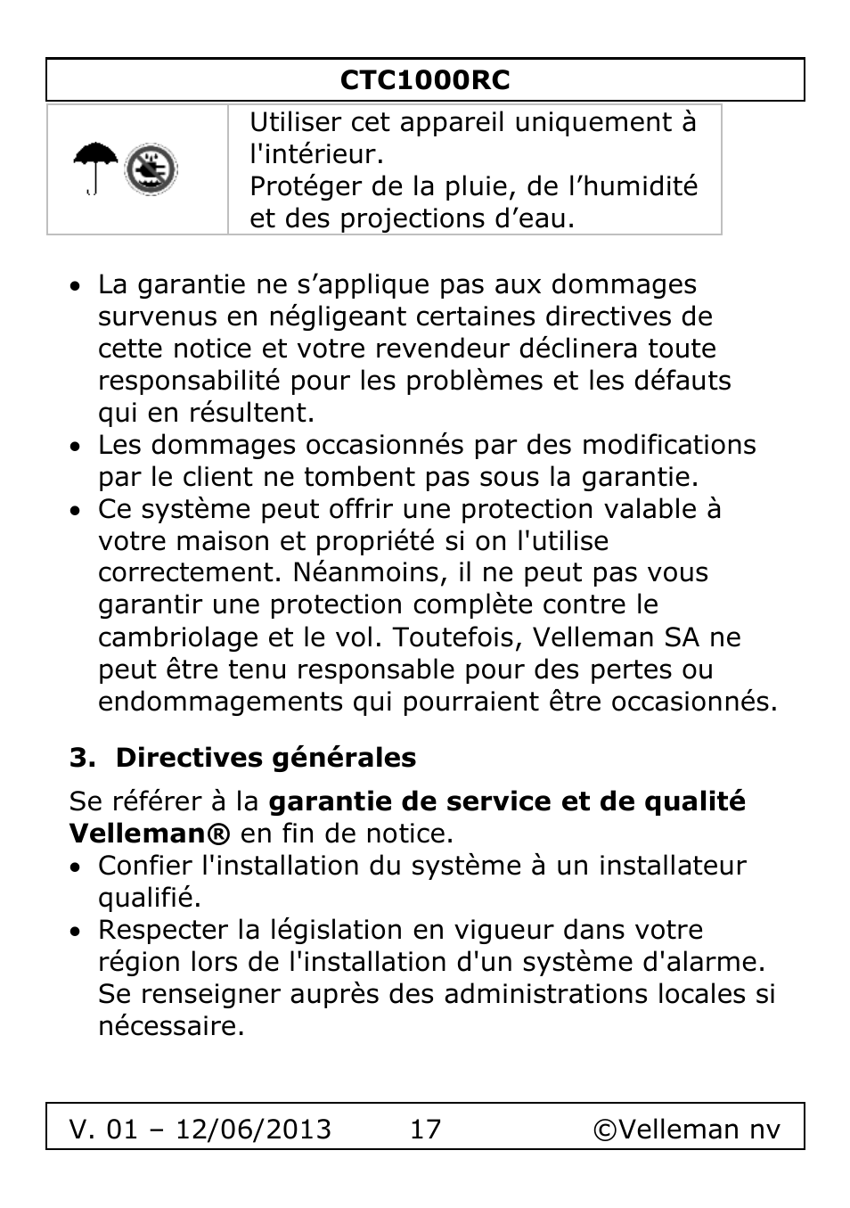 Directives générales | Velleman CTC1000RC User Manual | Page 17 / 51