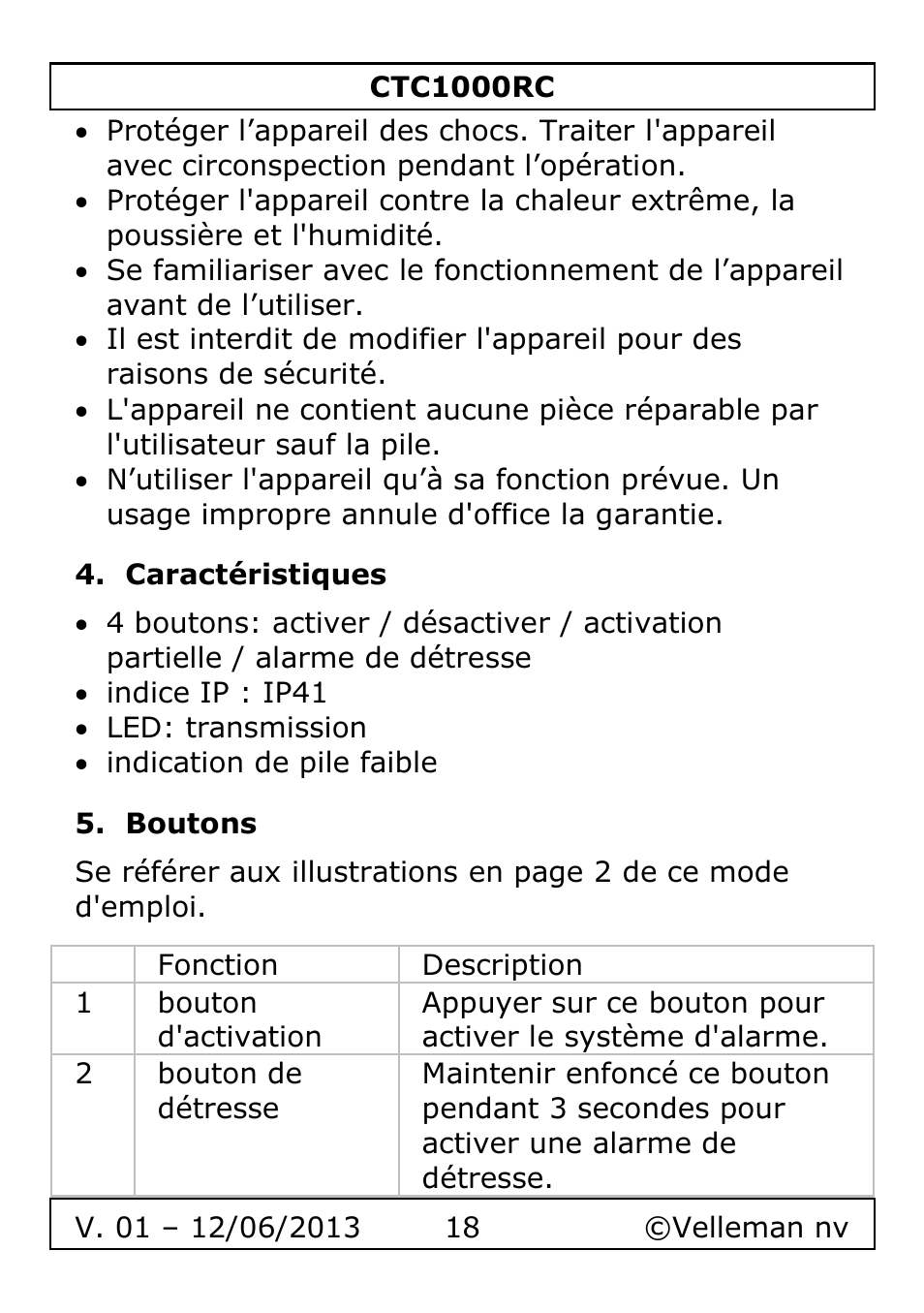 Caractéristiques, Boutons | Velleman CTC1000RC User Manual | Page 18 / 51
