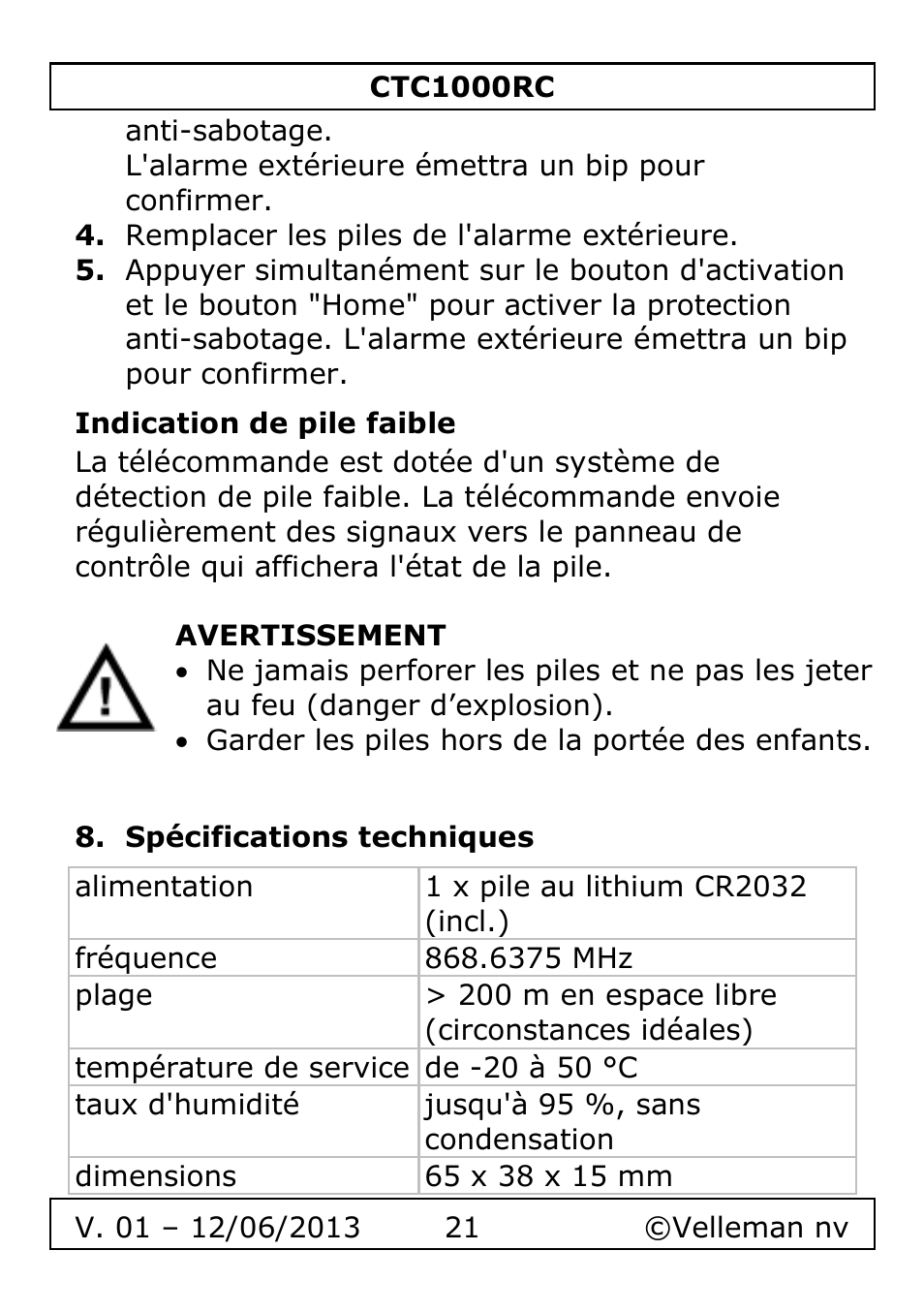 Indication de pile faible, Spécifications techniques | Velleman CTC1000RC User Manual | Page 21 / 51