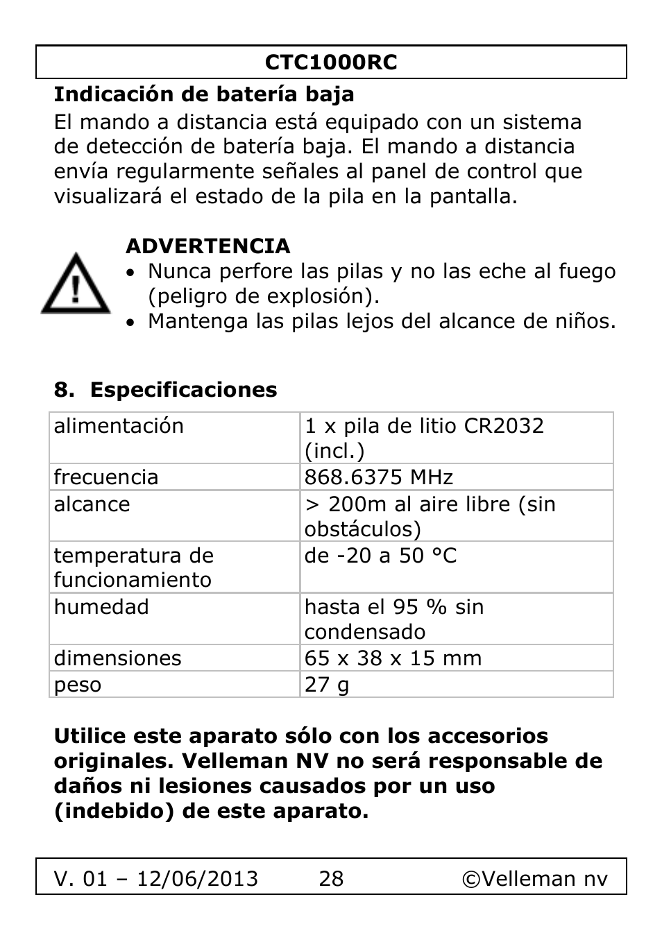 Indicación de batería baja, Especificaciones | Velleman CTC1000RC User Manual | Page 28 / 51