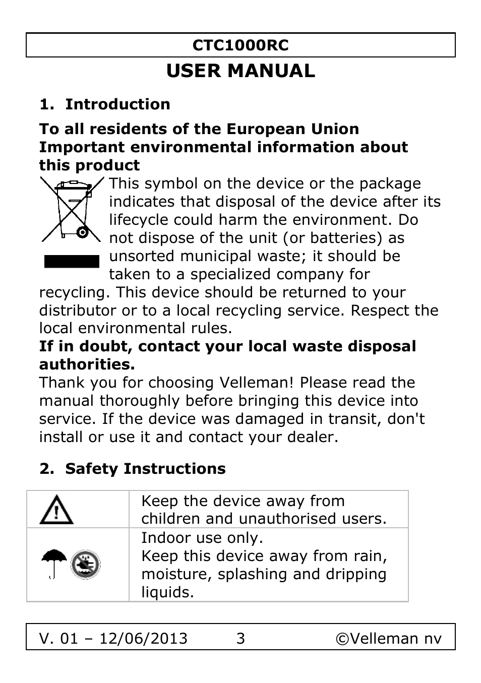 User manual, Introduction, Safety instructions | Velleman CTC1000RC User Manual | Page 3 / 51