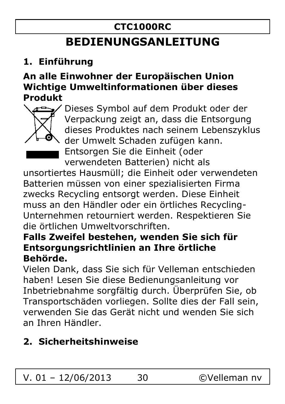 Bedienungsanleitung, Einführung, Sicherheitshinweise | Velleman CTC1000RC User Manual | Page 30 / 51