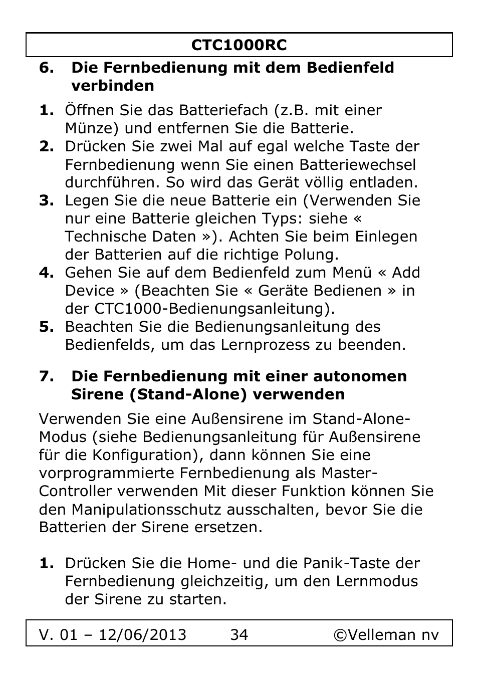 Die fernbedienung mit dem bedienfeld verbinden | Velleman CTC1000RC User Manual | Page 34 / 51