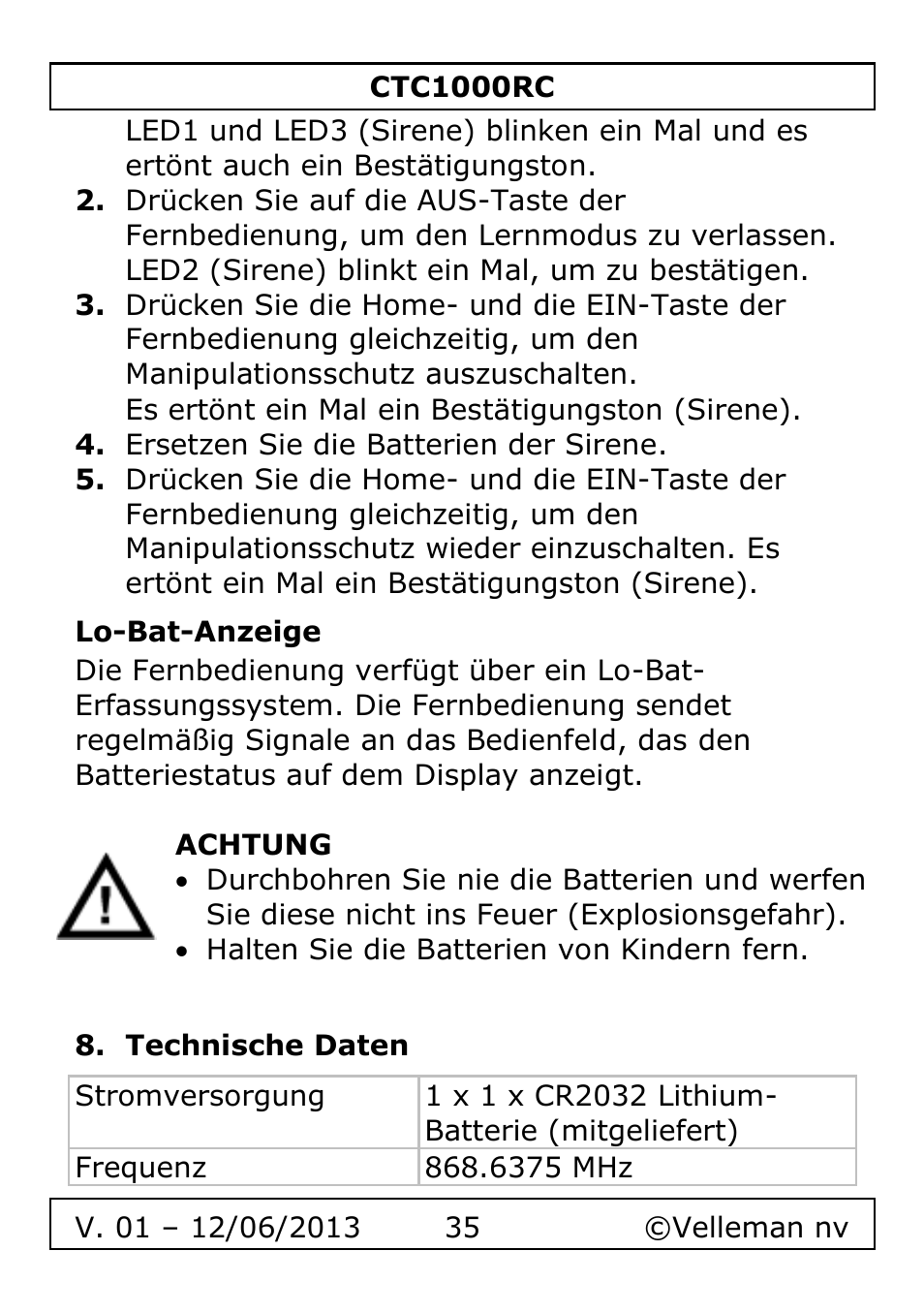 Lo-bat-anzeige, Technische daten | Velleman CTC1000RC User Manual | Page 35 / 51