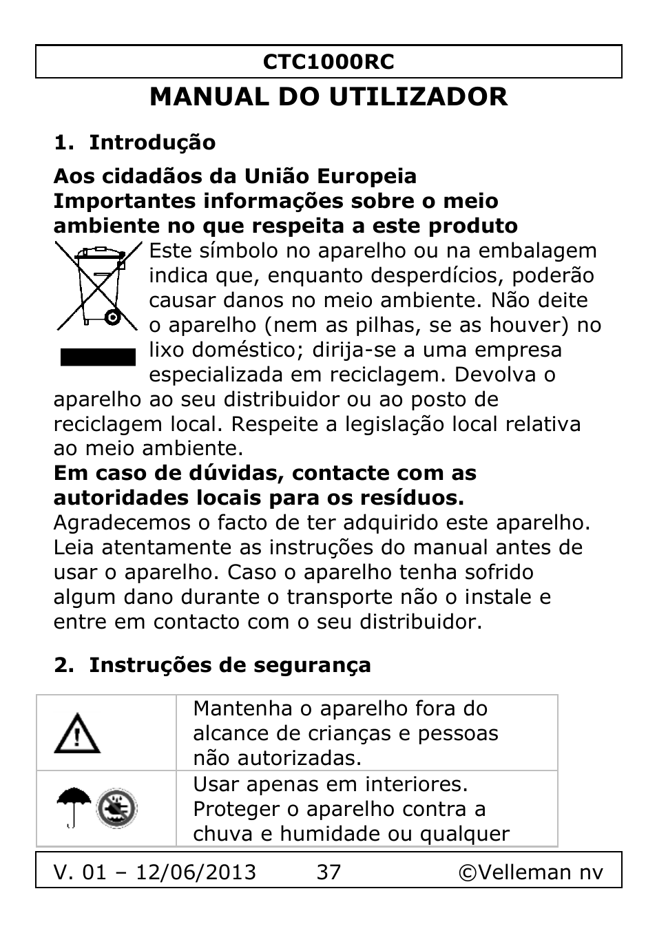 Manual do utilizador, Introdução, Instruções de segurança | Velleman CTC1000RC User Manual | Page 37 / 51