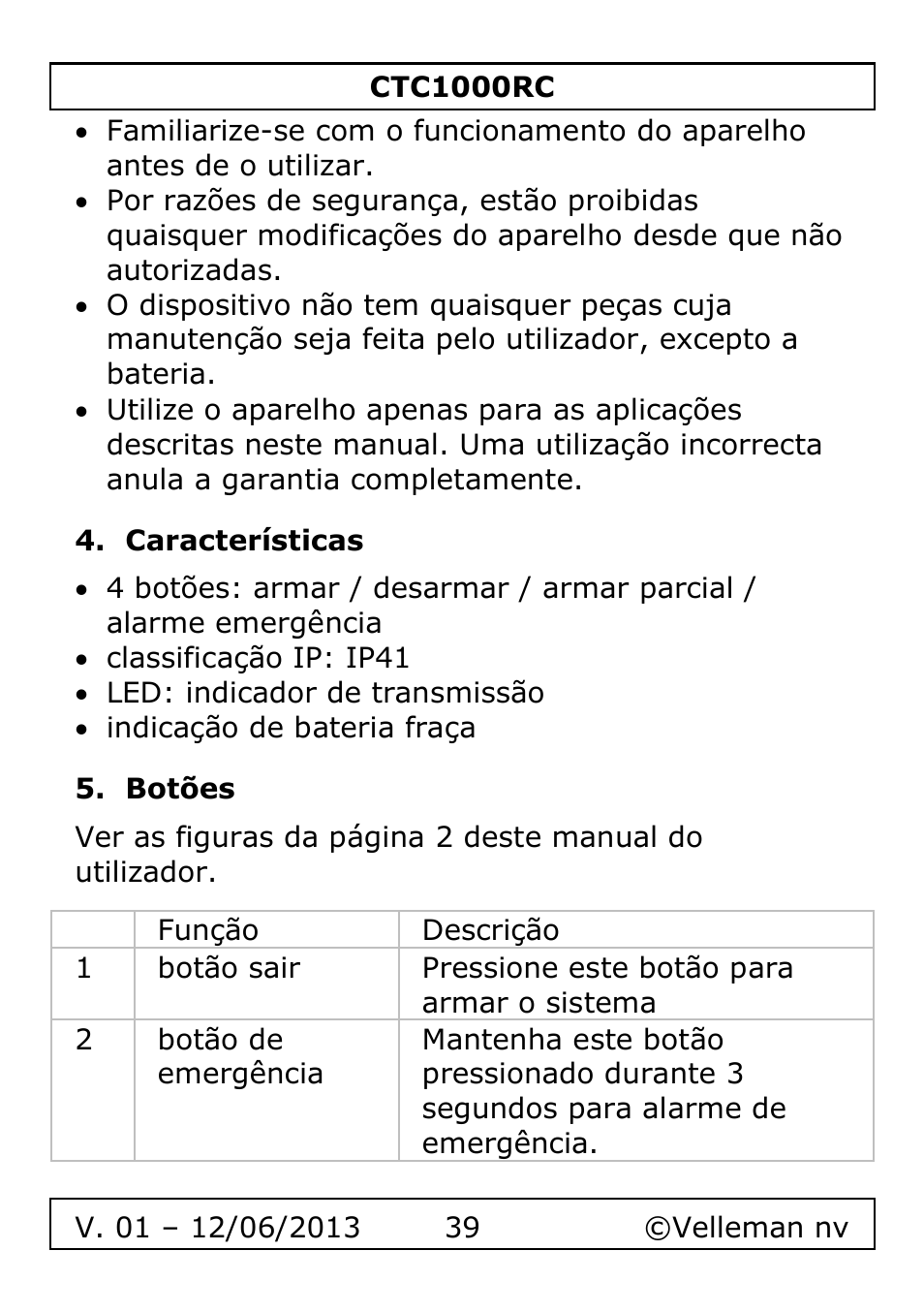 Características, Botões | Velleman CTC1000RC User Manual | Page 39 / 51
