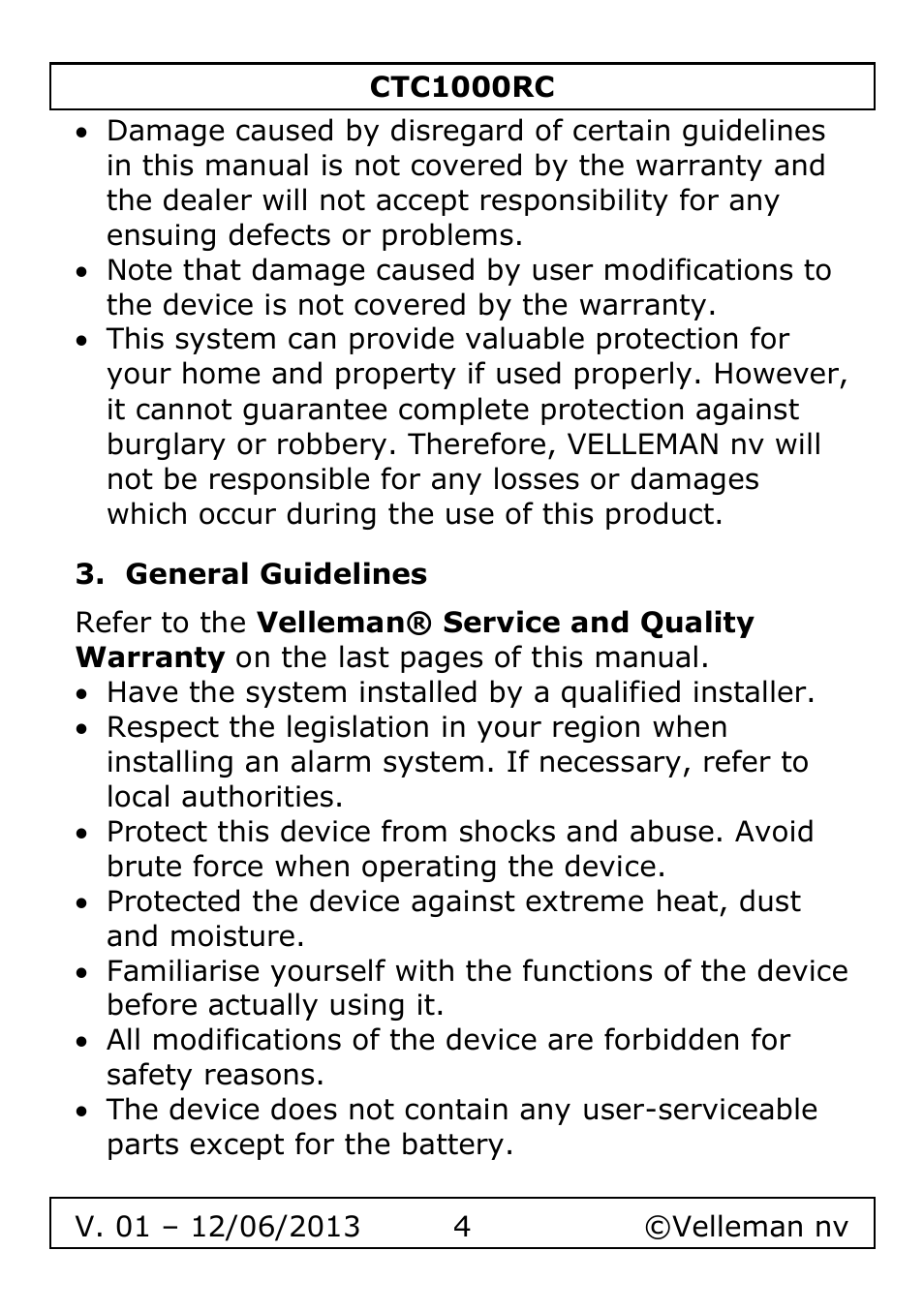 General guidelines | Velleman CTC1000RC User Manual | Page 4 / 51