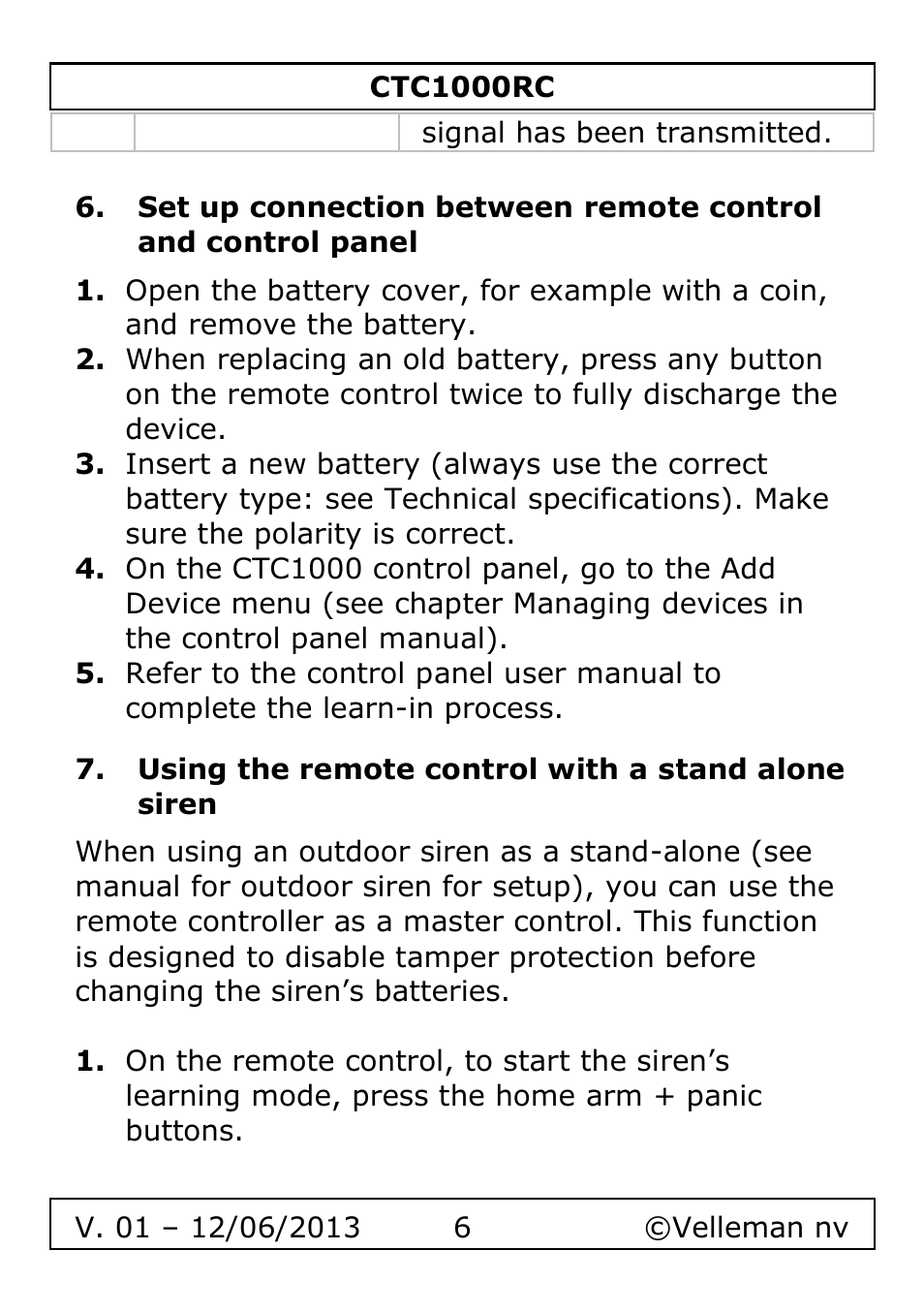 Using the remote control with a stand alone siren | Velleman CTC1000RC User Manual | Page 6 / 51
