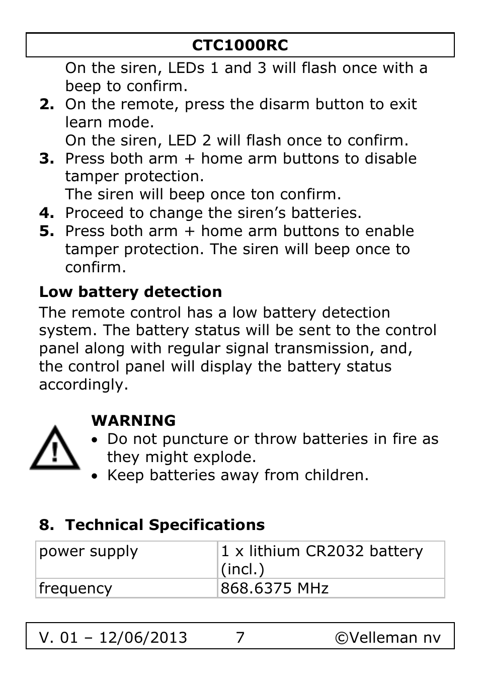 Low battery detection, Technical specifications | Velleman CTC1000RC User Manual | Page 7 / 51